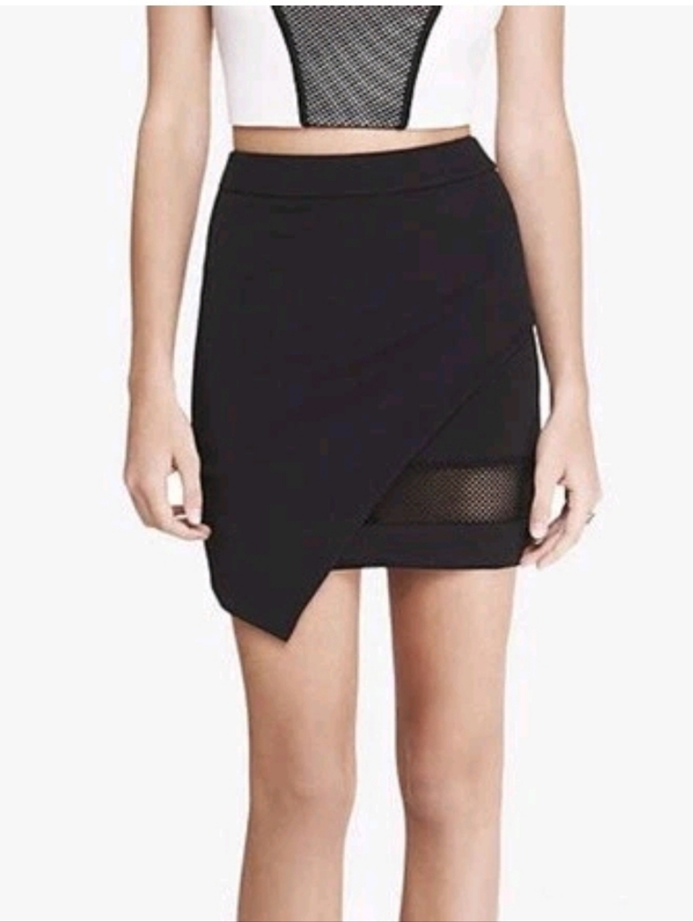NWT $50 EXPRESS ASYMMETRICAL MESH MINI SKIRT Black STRETCH Stretch 6